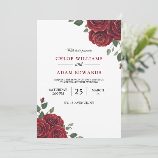 Romantische Red Rose Bourgondië Elegantie bruiloft Kaart (Staand voorkant)