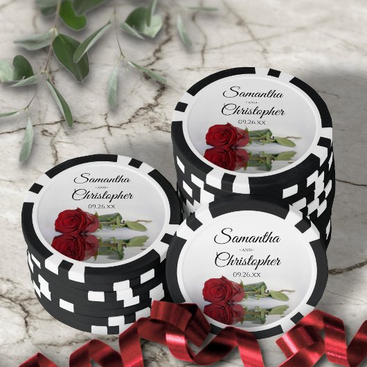 Romantische Red Rose Couple's Namen & Trouwdatum Poker Chips