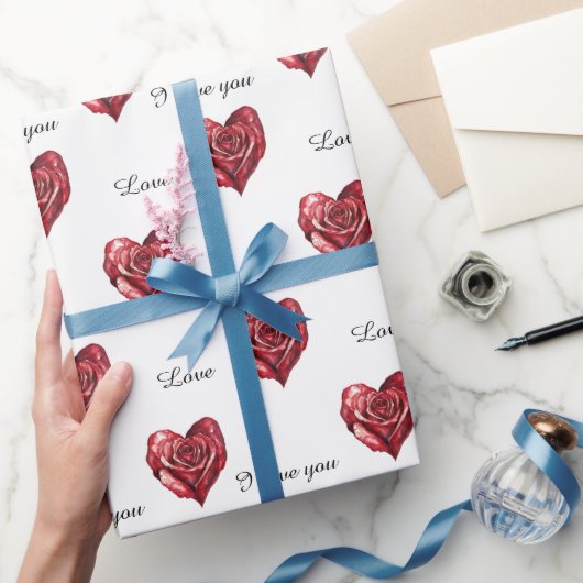 Romantische Red Rose Heart Love Cadeaupapier (Geschenken)