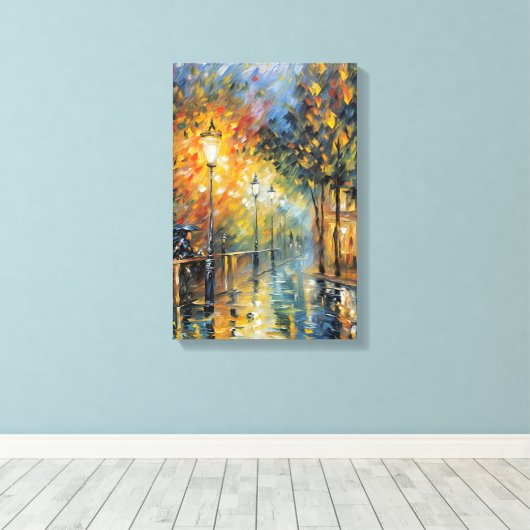 Romantische regenachtige avond straatbeeld Impress Canvas Afdruk (Insitu (Houten vloer))