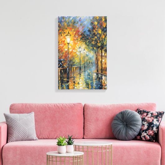 Romantische regenachtige avond straatbeeld Impress Canvas Afdruk (Insitu (Woonkamer))