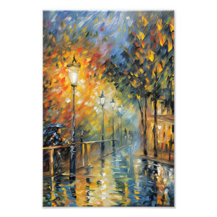 Romantische regenachtige avond straatbeeld Impress Foto Afdruk