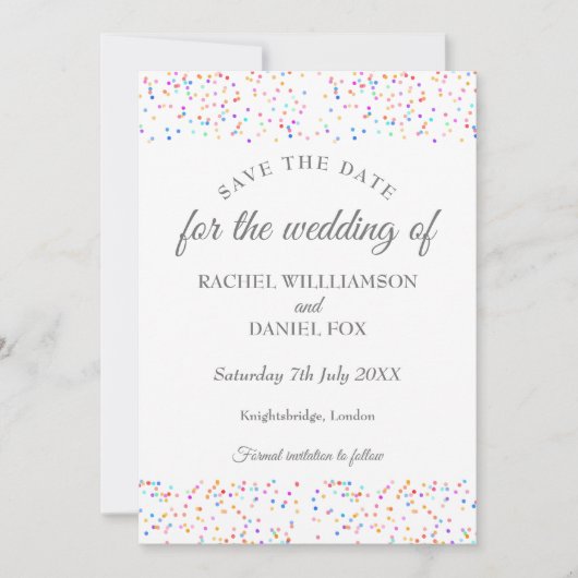 Romantische Regenboog Confetti Bruiloft Save The Date (Voorkant)