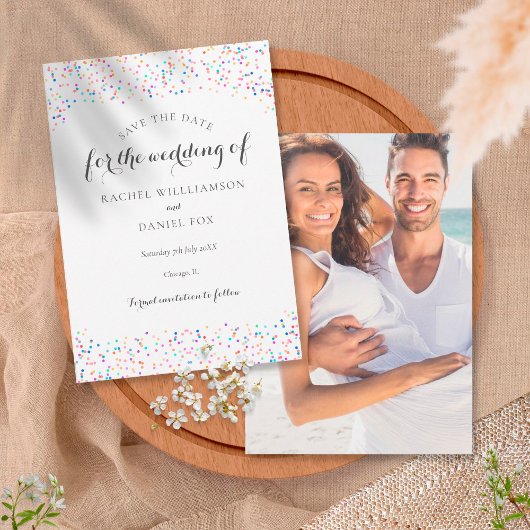 Romantische Regenboog Confetti Foto Save The Date