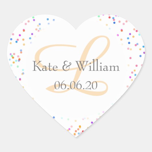 Romantische Regenboog Confetti Namen Monogram Hart Sticker (Voorkant)