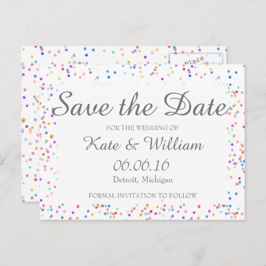 Romantische Regenboog Confetti Save the Date Aankondigingskaart (Voorkant / Achterkant)