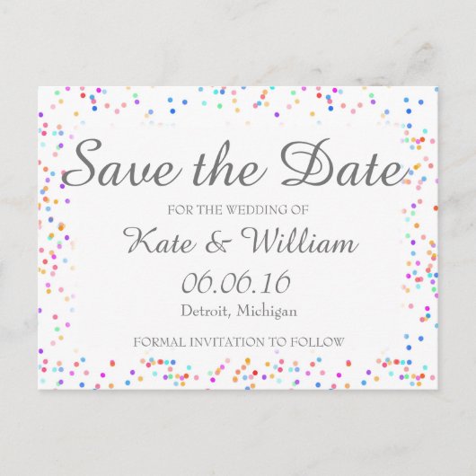 Romantische Regenboog Confetti Save the Date Aankondigingskaart (Voorkant)