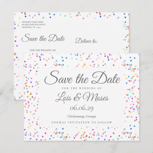 Romantische Regenboog Confetti Save the Date Aankondigingskaart (Voorkant / Achterkant)