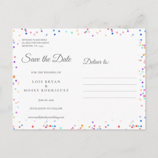 Romantische Regenboog Confetti Save the Date Aankondigingskaart (Achterkant)