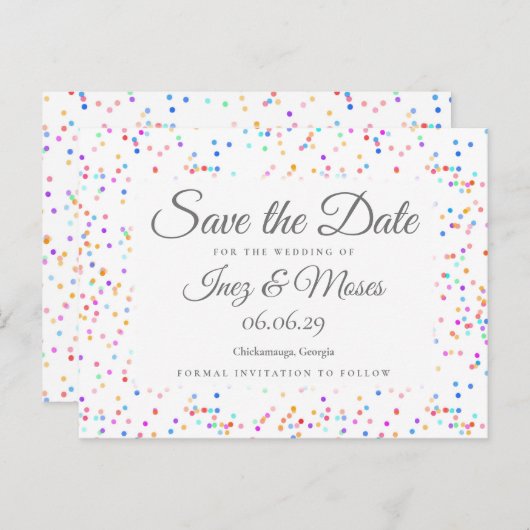 Romantische Regenboog Confetti Save the Date Aankondigingskaart (Voorkant / Achterkant)