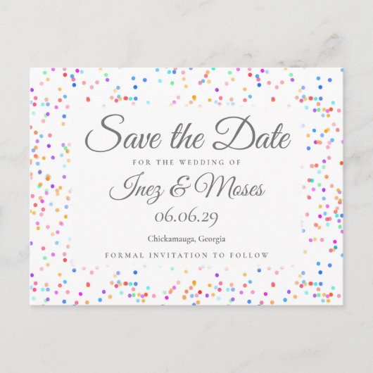 Romantische Regenboog Confetti Save the Date Briefkaart (Voorkant)
