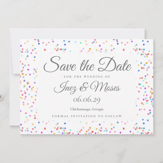 Romantische Regenboog Confetti Save the Date Kaart (Voorkant)