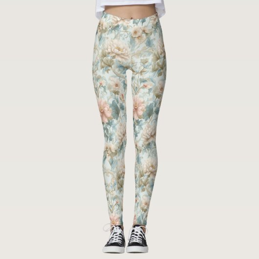Romantische Regency Pastel Bloemenprint Leggings (Voorkant)