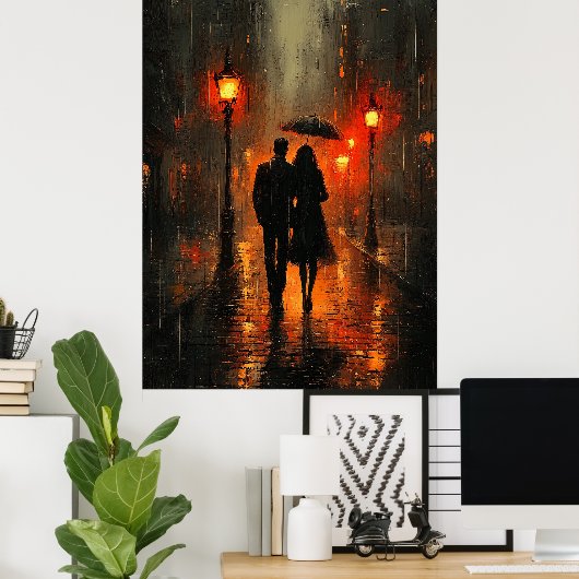 Romantische regenwandeling in houtskooltinten poster (Thuiskantoor)