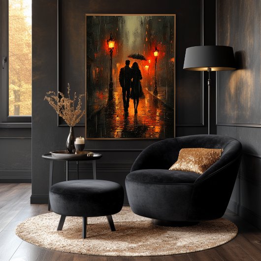 Romantische regenwandeling in houtskooltonen poster