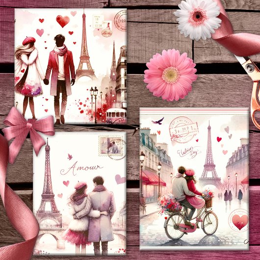 Romantische Retro Paris Love Roze Inpakpapier Vel