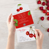 Romantische Retro Rood Wit Kersenfruit QR Huwelijk All In One Uitnodiging