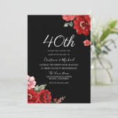 Romantische Robijnrood & Zwarte Bloem 40ste Verjaa Kaart (Staand voorkant)