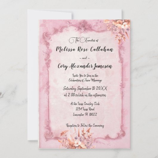 Romantische rococo stijl bloemenbruiloft uitnodigi kaart (Voorkant)