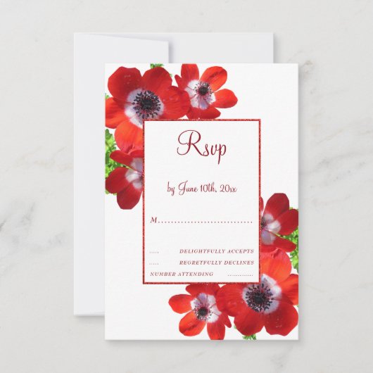 Romantische Rode Anemonen Bloemstuk RSVP Kaartje (Voorkant)