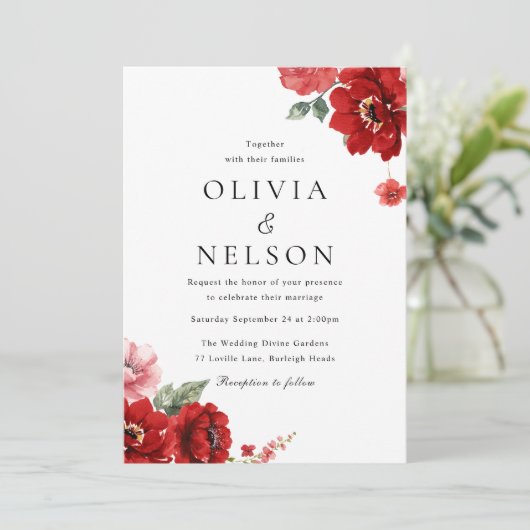 Romantische rode bloem elegante bruiloft kaart (Staand voorkant)