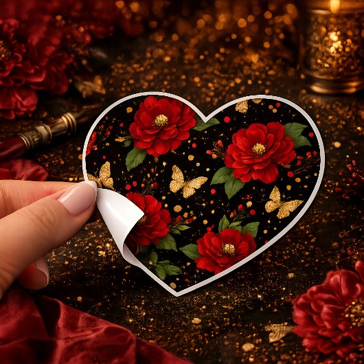Romantische rode bloem sticker gouden vlinderpatro