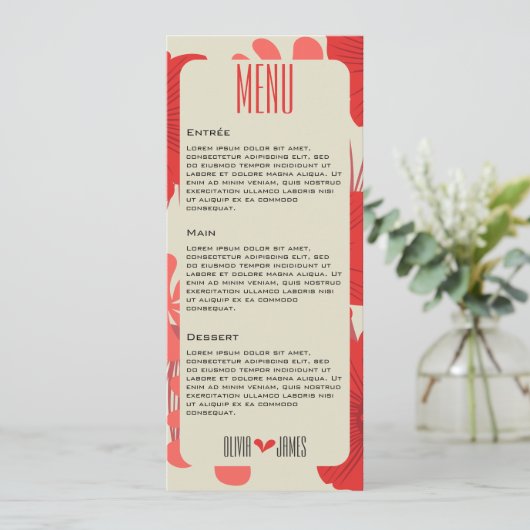Romantische rode bloemen bruiloft menu (Staand voorkant)