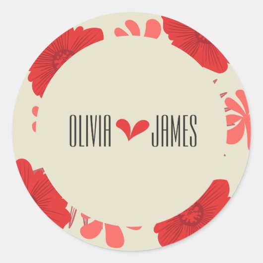Romantische rode bloemen bruiloft ronde sticker (Voorkant)