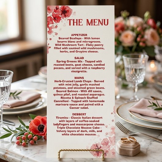 Romantische rode bloemmenu's, trouwmenu's menu