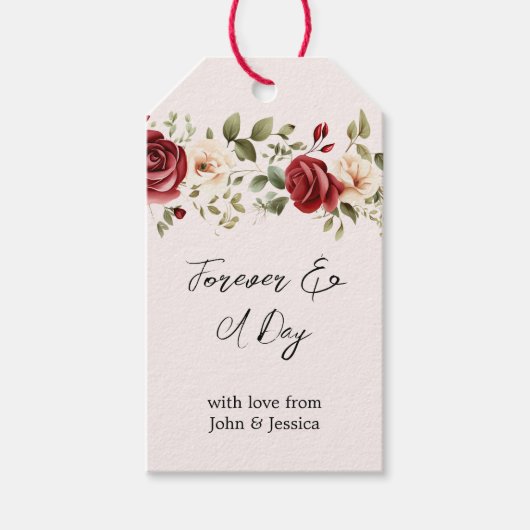 Romantische rode blush roze rozen bruiloft cadeaulabel (Voorkant)