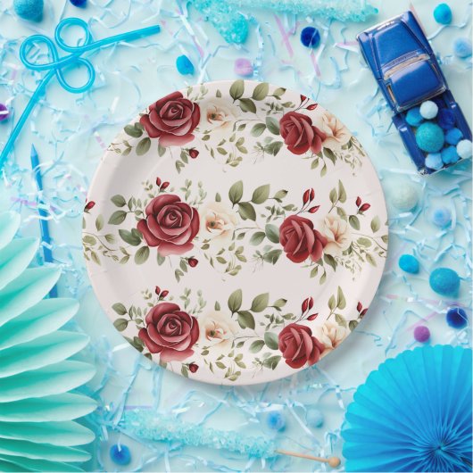 Romantische rode blush roze rozen bruiloft papieren bordje (Feest)