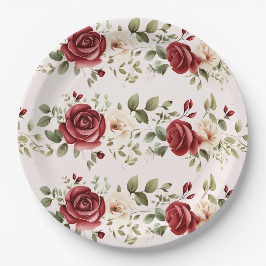 Romantische rode blush roze rozen bruiloft papieren bordje (Voorkant)