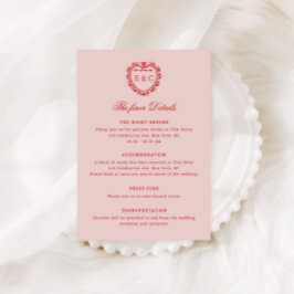 Romantische Rode Blush Vintage Monogram Wapen Huwe Informatiekaartje