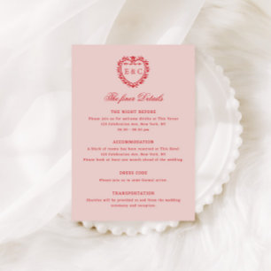 Romantische Rode Blush Vintage Monogram Wapen Huwe Informatiekaartje