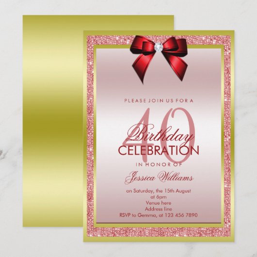 Romantische Rode Boog & Sparkly Glitter 40ste Verj Kaart (Voorkant / Achterkant)