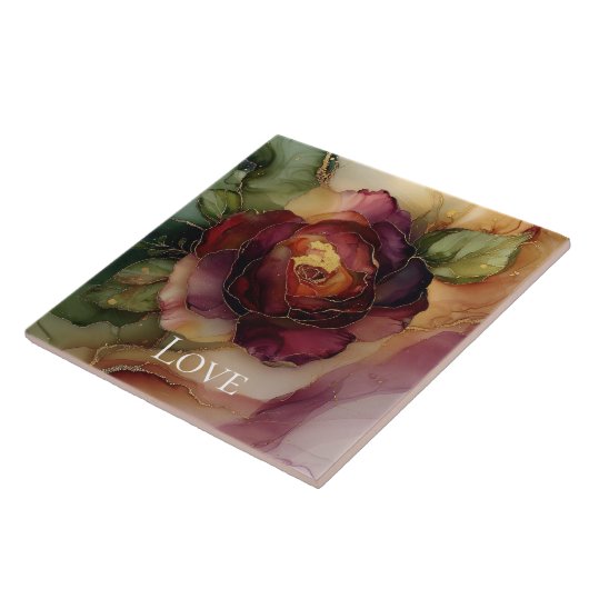 Romantische rode bordeauxroze gouden bloem tegeltje (Zijkant)