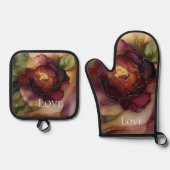 Romantische rode Bourgondië rozen gouden bloem Ovenwant & Pannenlap Set (Voorkant)