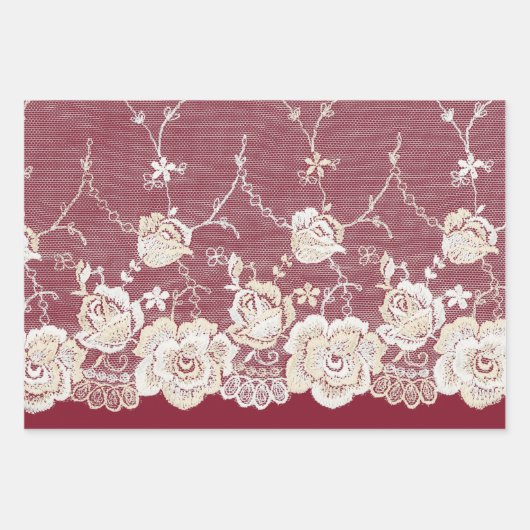 Romantische rode crème witte kant bloemenbruiloft inpakpapier vel (Voorkant 3)