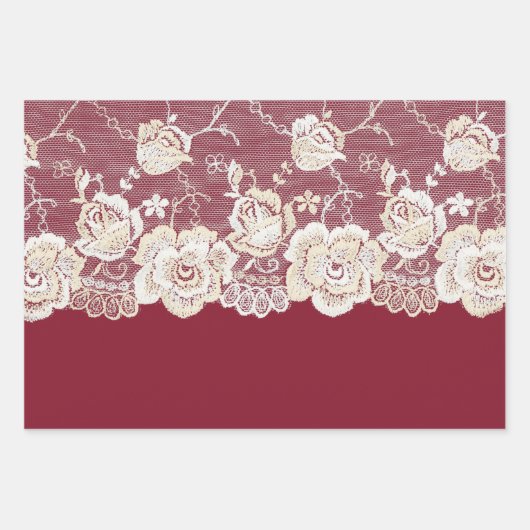 Romantische rode crème witte kant bloemenbruiloft inpakpapier vel (Voorkant)
