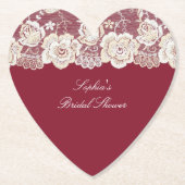 Romantische rode crème witte kant bloemenbruiloft kartonnen onderzetters (Voorkant)