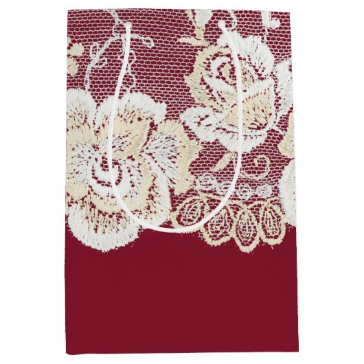 Romantische rode crème witte kant bloemenbruiloft medium cadeauzakje (Voorkant)