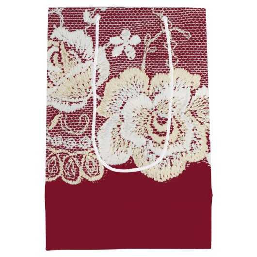 Romantische rode crème witte kant bloemenbruiloft medium cadeauzakje (Achterkant)