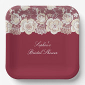 Romantische rode crème witte kant bloemenbruiloft papieren bordje (Voorkant)