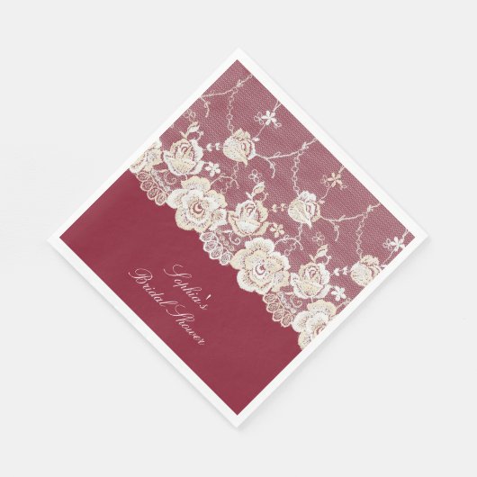 Romantische rode crème witte kant bloemenbruiloft servet (Hoek)