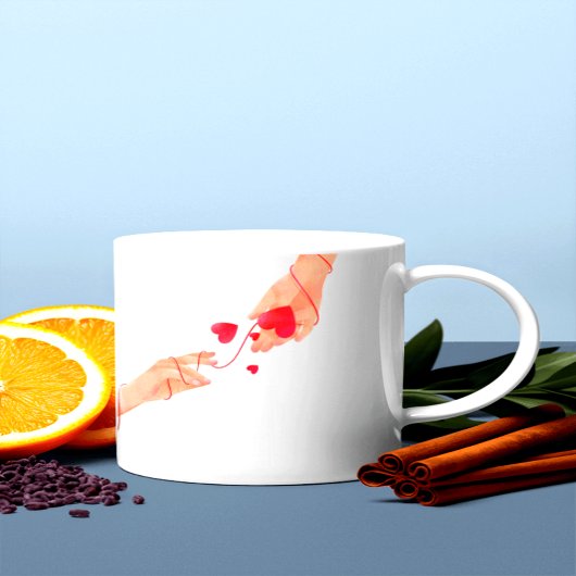 Romantische rode draad van het lot handen en harte grote koffiekop