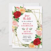 Romantische rode en oranje rozen bruiloft save the date (Voorkant)