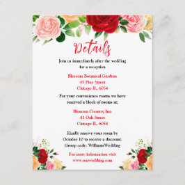 Romantische rode en oranje rozen huwelijksdetails informatiekaartje
