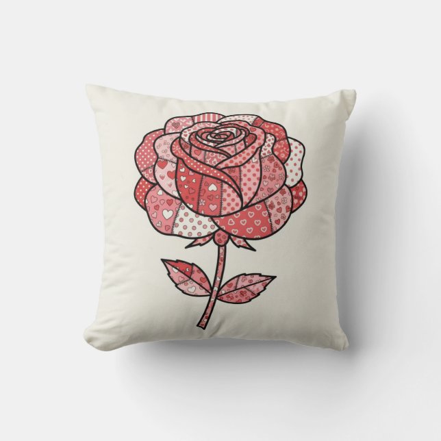 Romantische Rode en Roze Patchwork Roos Illustrati Kussen (Voorkant)