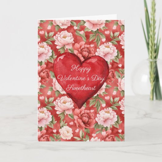 Romantische Rode Hart Roze Bloemige Valentijnsdag Kaart (Voorkant)