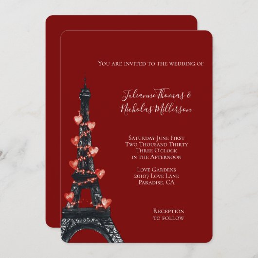 Romantische rode harten Eiffeltoren bruiloft Kaart (Voorkant / Achterkant)
